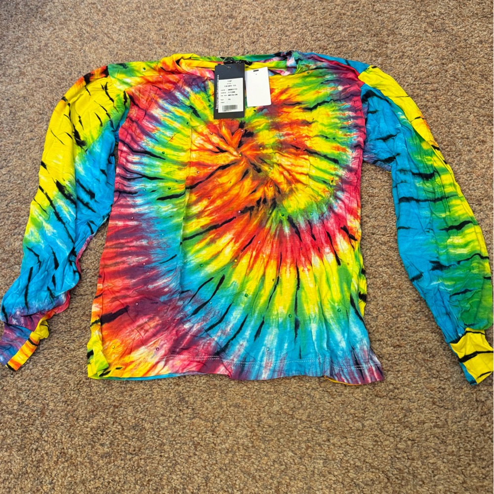 ⭐️NWT - FBZ - Colorful Tie-Dye & Rhinetones Long Sleeve Shirt - Girls XL